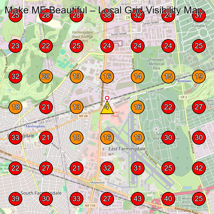 Make ME Beautiful GeoGrid visibility map for Hair Salon in Farmingdale